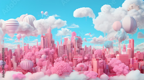 cityscape in blue and pink with clouds floatin, generative AI photo