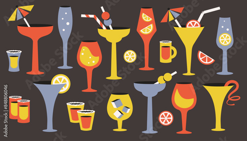 Alcoholic beverages set. Glassware for champagne, wine, brandy, whiskey, cognac, gin, tequila. Alcoholic Cocktail in  retro style. Hand drawn glasses of different shapes, sizes, colors. Vector