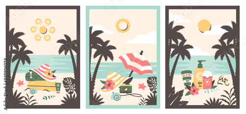Summer beach. Set of  retro posters with summer landscapes. Tropical beach, sunhat, umbrella, camera, suitcases, Sunscreen bottles. Vector cartoon flat illustration