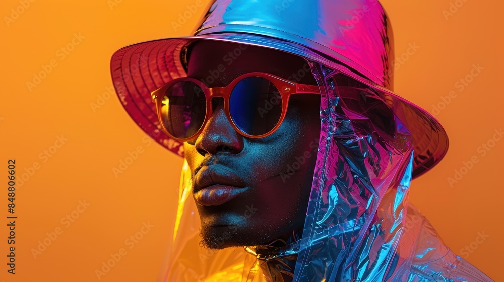 Futuristic Style, Person wearing iridescent jacket and hat with sunglasses, Modern fashion look Futuristic Style, Person wearing iridescent jacket and hat with sunglasses, Modern fashion look