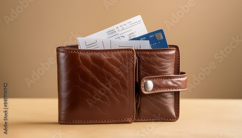 A minimalist brown leather wallet with a worn, vintage look, holding a few faded receipts