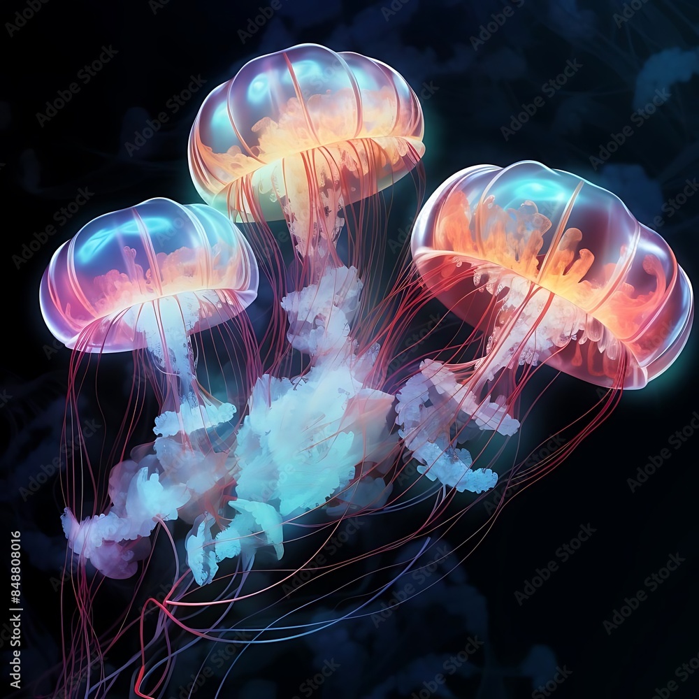 a colorful array of jellyfish, including pink, purple, and blue varieties, swim in a tank filled with water a colorful array of jellyfish, including pink, purple, and blue varieties, swim in a tank filled with water