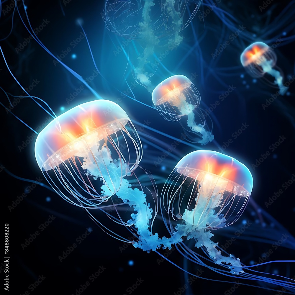 a colorful array of jellyfish swim in a vibrant underwater world, surrounded by a variety of other marine life including a variety of fish, a variety of coral, and a variety of a colorful array of jellyfish swim in a vibrant underwater world, surrounded by a variety of other marine life including a variety of fish, a variety of coral, and a variety of