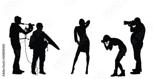 Handsome woman posing paparazzo crew photographers vector silhouette illustration isolated. Fashion pose attractive girl shape. Sexy lady. Female figure shadow. glamour top model. Cameraman on casting