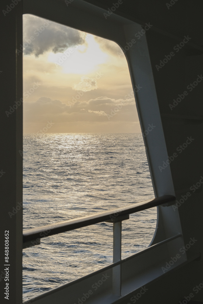 Breathtaking panoramic ocean views from outdoor deck of legendary ocean liner cruiseship cruise ship Queen Mary 2 during transatlantic crossing with sunset Breathtaking panoramic ocean views from outdoor deck of legendary ocean liner cruiseship cruise ship Queen Mary 2 during transatlantic crossing with sunset
