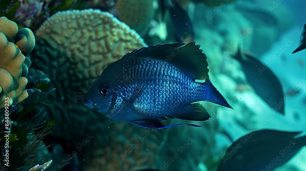 Detailed view of a damselfish, deep blue hue, fiercely guarding its territory on a busy reef. Detailed view of a damselfish, deep blue hue, fiercely guarding its territory on a busy reef.
