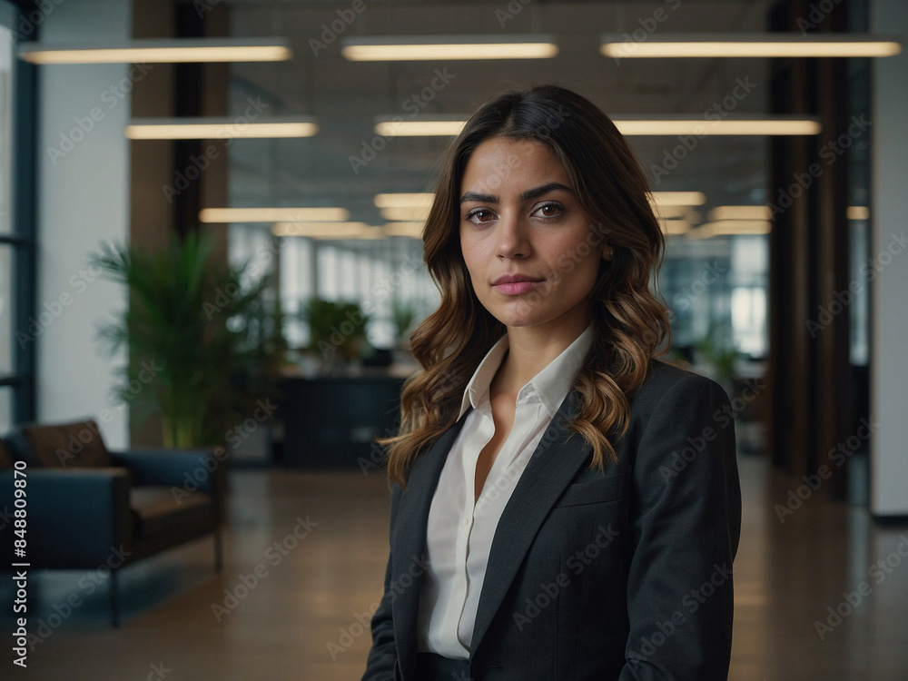 Medium close-up portrait photo of a beautiful businesswoman in an office space Medium close-up portrait photo of a beautiful businesswoman in an office space