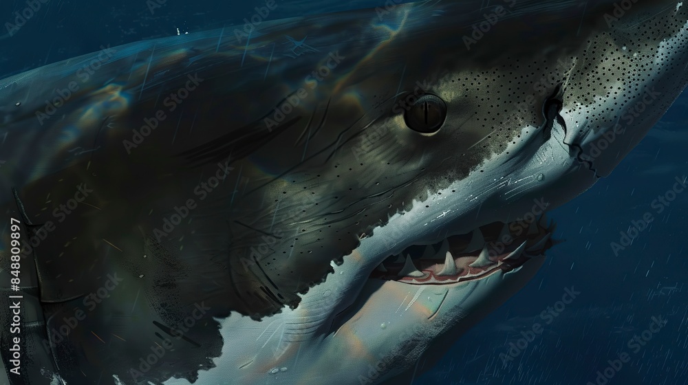 Naklejka premium Close-up of a great white shark's eye, detailed and intense, gliding through deep blue waters.
