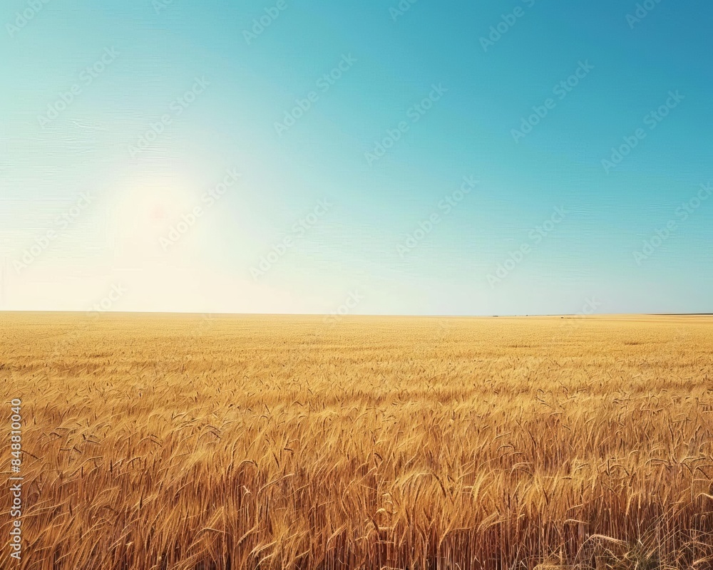 Vast golden wheat field under a clear blue sky with the sun shining in the distance, representing the beauty of agriculture and nature. Vast golden wheat field under a clear blue sky with the sun shining in the distance, representing the beauty of agriculture and nature.
