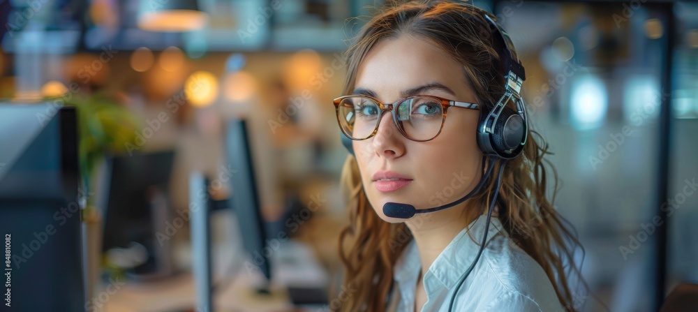 A young woman working as a call center agent, providing support and assistance to customers She is wearing a headset and speaking into a microphone A young woman working as a call center agent, providing support and assistance to customers She is wearing a headset and speaking into a microphone