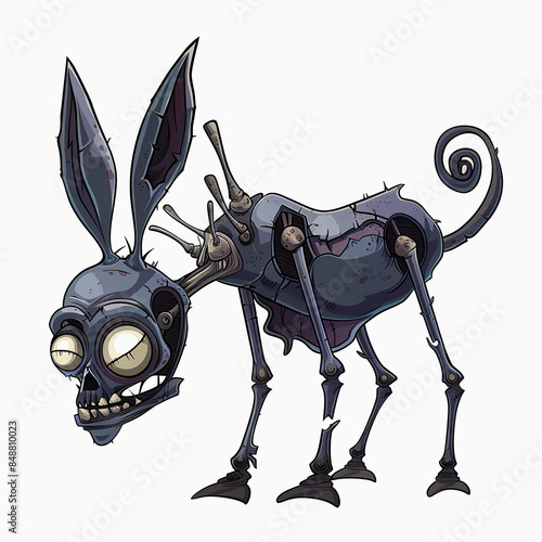 Donkey Walking Dead monster on white background. Scary Donkey Zombie cartoon photo