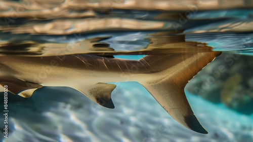 Macro shot of a blacktip reef shark's fin, sleek and pointed, cutting through shallow reef waters.  photo