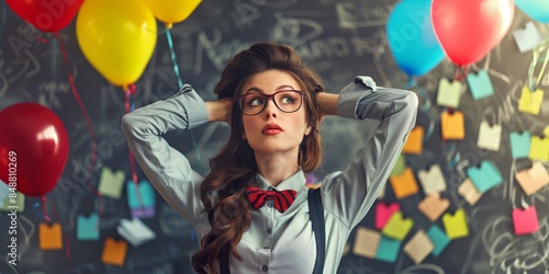 A woman marketeer is part op the creatives team. woman with long brown, glasses is standing, background of a chalkboard, with colorful balloons, suspenders and a bow tie, sticky notes in office photo