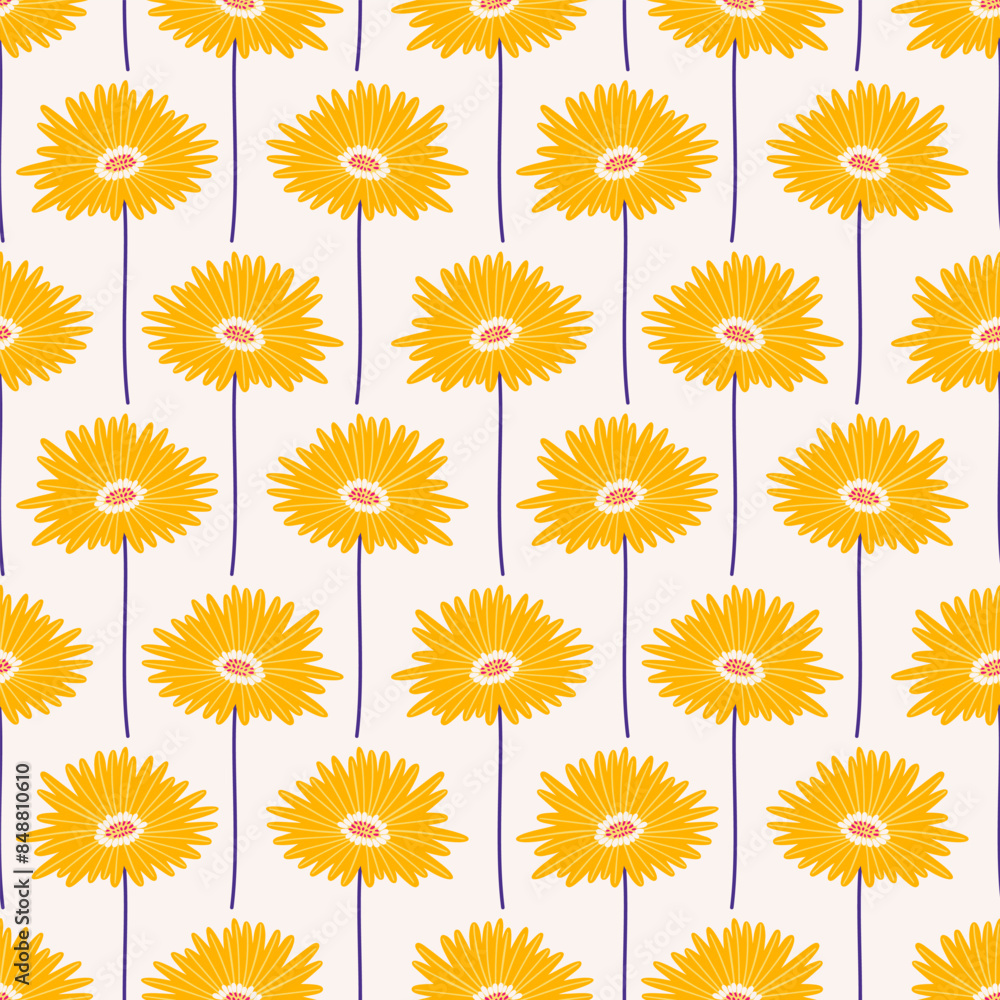 Seamless pattern with yellow gerbera flowers on a beige background. Summer bright floral vector illustration. Spring botanical print, modern style design Seamless pattern with yellow gerbera flowers on a beige background. Summer bright floral vector illustration. Spring botanical print, modern style design
