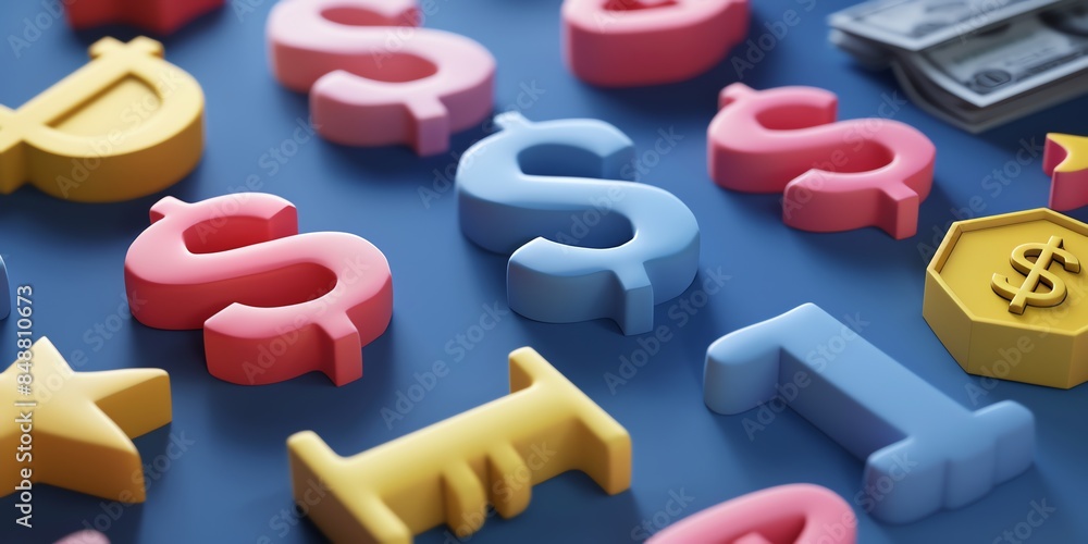 Design a convincingly realistic 3D illustration highlighting financial symbols. Employ detailed and accurate depictions of iconic financial representations, using realistic perspectives and colors Design a convincingly realistic 3D illustration highlighting financial symbols. Employ detailed and accurate depictions of iconic financial representations, using realistic perspectives and colors