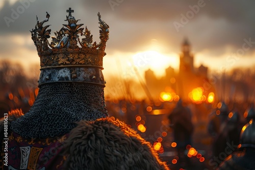 Medieval King in Ornate Crown Overlooking Battlescene at Sunset with Castle and Armies in Background, Golden Sunset GlowKing