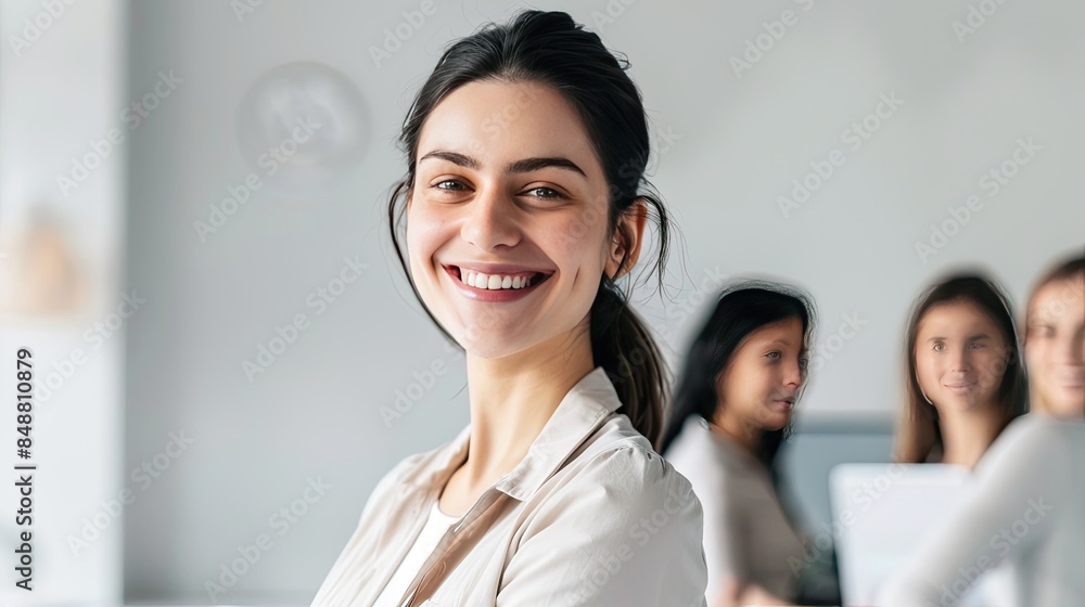 Smiling Professional Woman with Her Team in Background on Light Background
Smiling Professional Woman with Her Team in Background on Light Background
