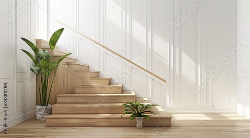 Bright and airy modern entrance hall featuring wooden stairs and natural wood wall panels. The open feel is enhanced by white walls and minimal design, with a small plant or artwork adding character.
