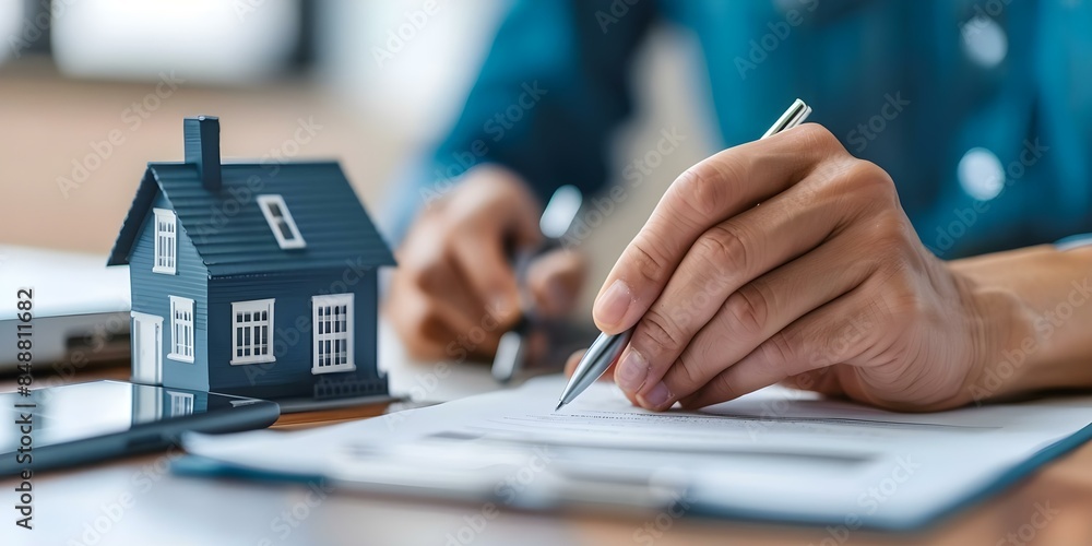 Fototapeta premium Real estate agent and client signing property agreement contract for purchase. Concept Real Estate Transaction, Property Agreement, Signing Contract, Client and Agent, Purchase Process
