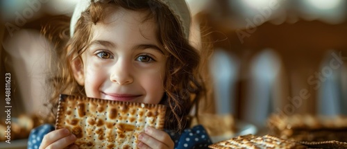 A young child holding up a piece of matzah proudly during the Passover Seder The child's joy and excitement are evident capturing the importance of involving the younger generation in holiday photo