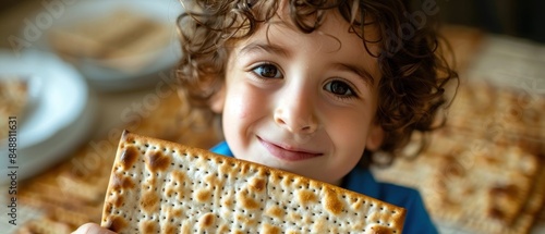 A young child holding up a piece of matzah proudly during the Passover Seder The child's joy and excitement are evident capturing the importance of involving the younger generation in holiday photo