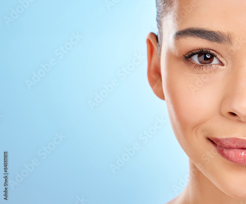Canvastavla Woman, half face and skincare portrait for wellness or health and skin glow with natural shine in studio mockup