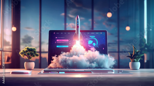 A rocket launches from a laptop screen, symbolizing a successful business launch or project takeoff.