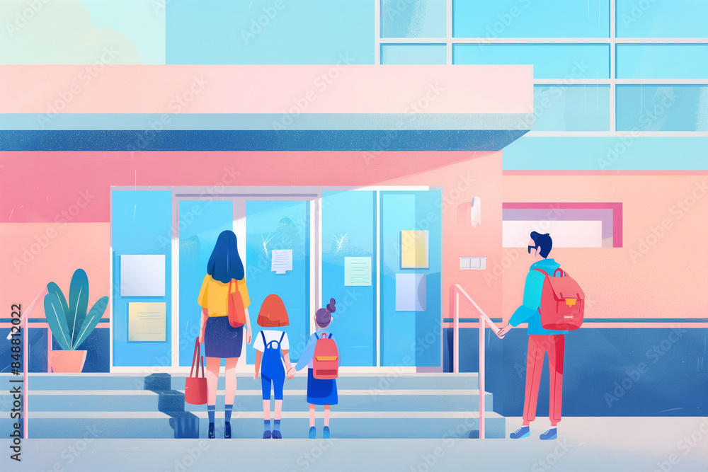 Mother and father walking with their children to school. Happy Pupils with backpack. Beginning of the academic year and lessons. Mother and father walking with their children to school. Happy Pupils with backpack. Beginning of the academic year and lessons.