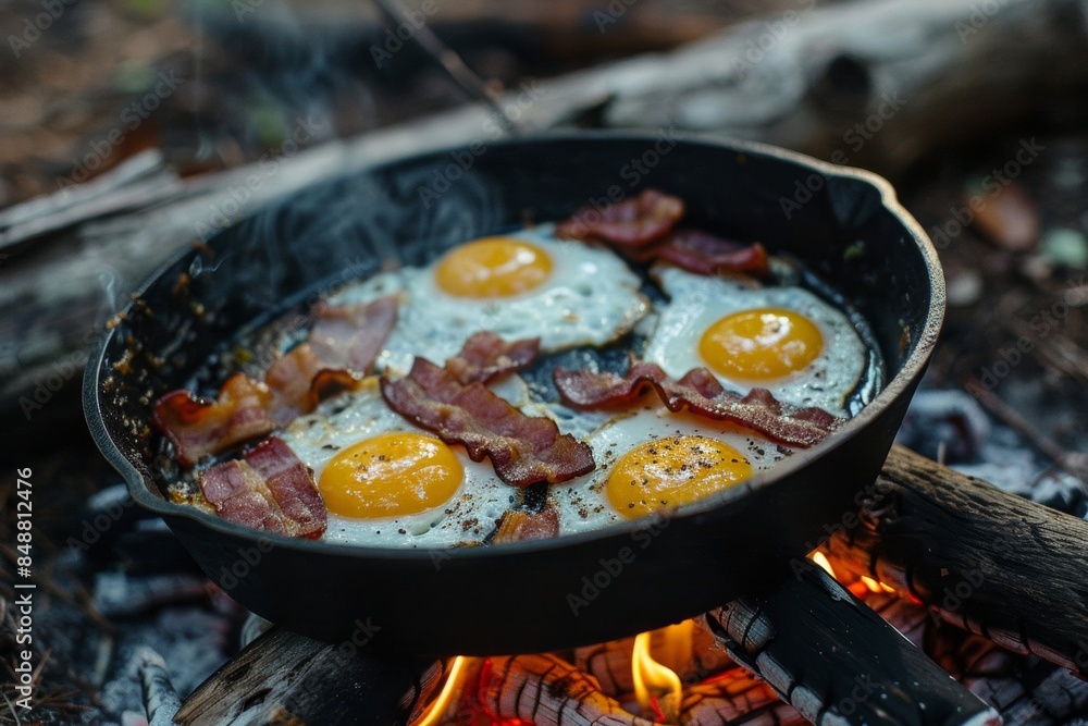 A hearty camping breakfast featuring crispy bacon and perfectly cooked eggs served in a cast iron skillet, capturing the essence of outdoor cooking A hearty camping breakfast featuring crispy bacon and perfectly cooked eggs served in a cast iron skillet, capturing the essence of outdoor cooking