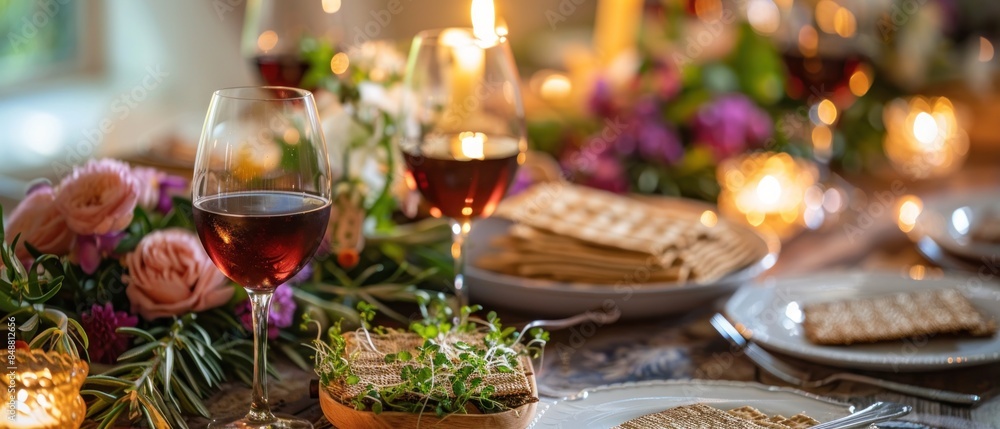 A beautifully set Passover table with a traditional Seder plate matzah and wine glasses The table is adorned with flowers and candles creating a festive and elegant atmosphere The scene captures the A beautifully set Passover table with a traditional Seder plate matzah and wine glasses The table is adorned with flowers and candles creating a festive and elegant atmosphere The scene captures the