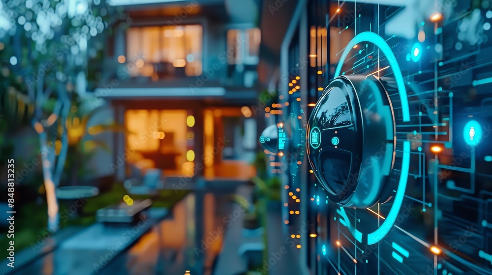 Smart home security system interface with a modern house in the background. Smart home security system interface with a modern house in the background.