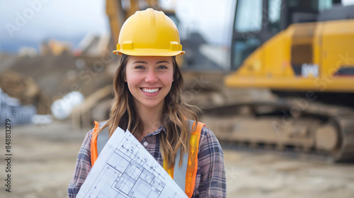 A female engineer wearing a hard hat and holding blueprints, smiling confidently at the camera photo