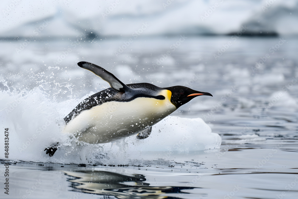 Obraz premium A beautiful penguin jump into water with water splash