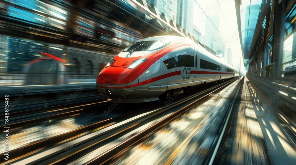 High-speed train zooming through a modern cityscape High-speed train zooming through a modern cityscape