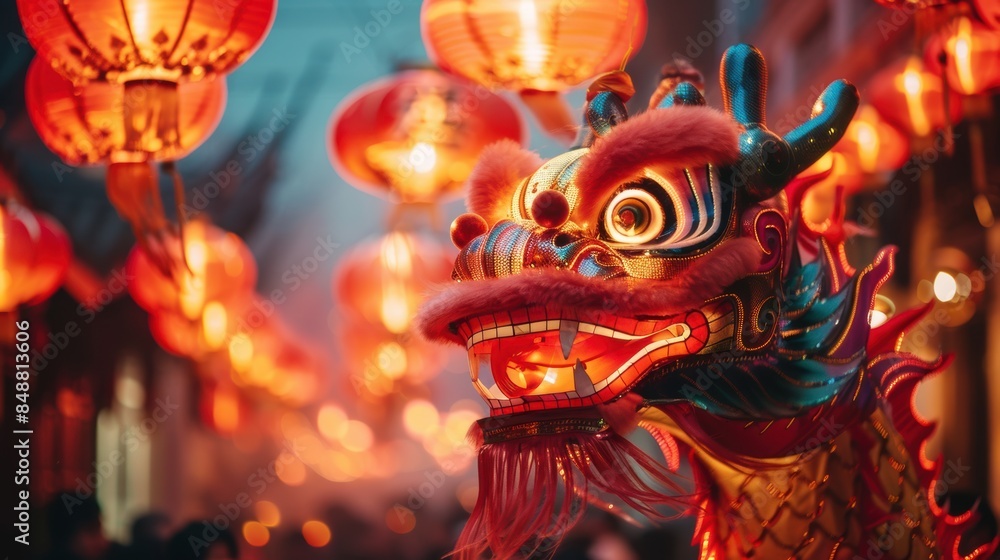 A group of people celebrating the Chinese New Year with lanterns and dragon dances A group of people celebrating the Chinese New Year with lanterns and dragon dances