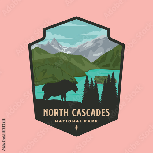 north cascades national park emblem patch logo illustration design, washington landmark design