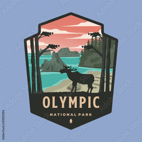 olympic national park logo patch illustration design, washington landmark emblem design