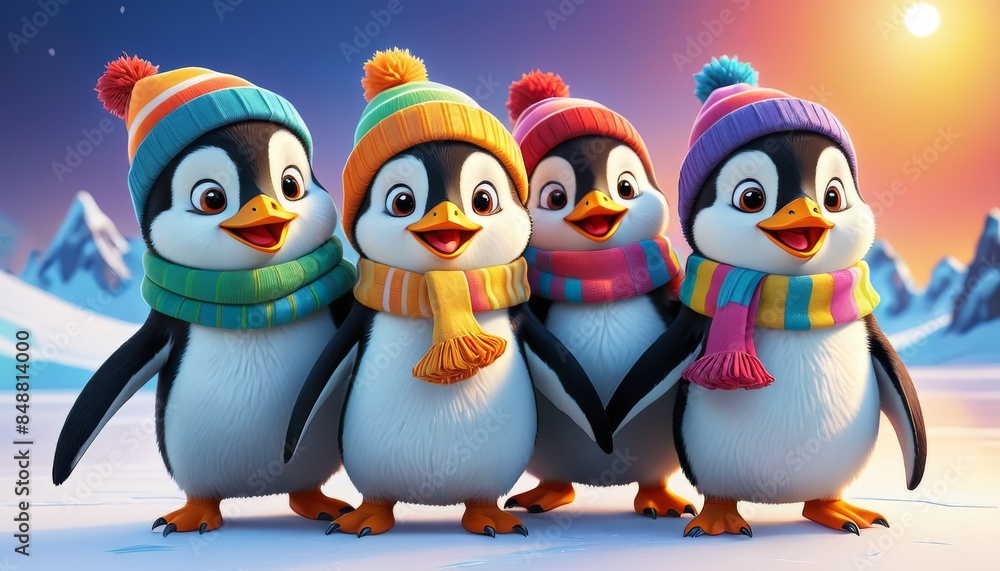 Fototapeta premium Four adorable cartoon penguins, each wearing colorful winter hats and scarves, stand together on a snowy landscape with a picturesque sunset in the background. Perfect for winter and holiday themes