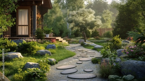 Tranquil Garden with Stone Path and Abundant Plant Life in a Picturesque Private Yard