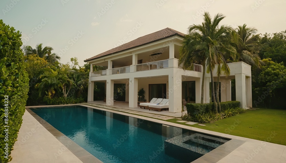Fototapeta premium Night view of beautiful villa on island Luxury house with swimming pool at night Luxury house with swimming pool at night