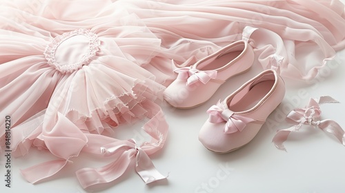 Pink ballet tutu and Pink Ballet shoes with ribbons on floor,Flat pink ballet dress,Concept of dance,ballet school, ballerinas clothes