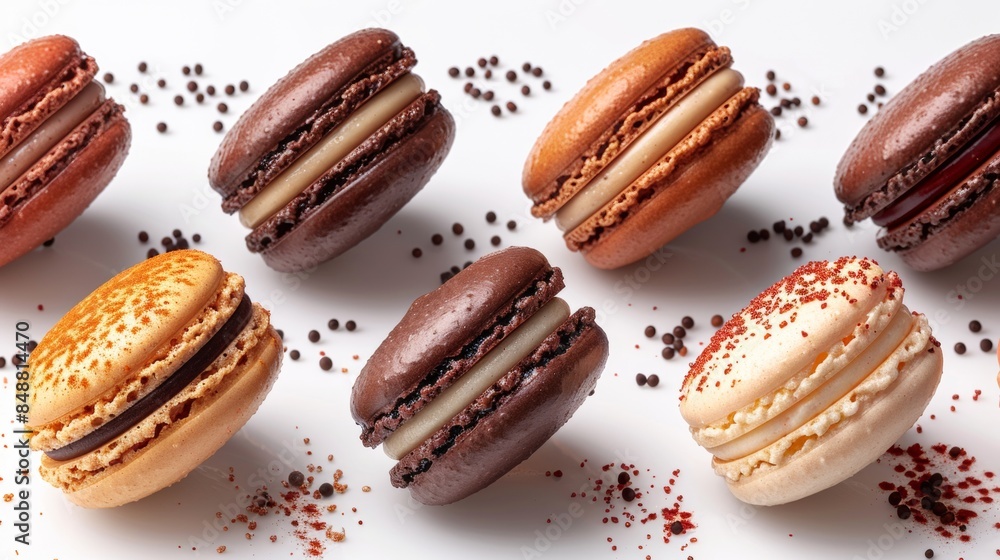 Various Colorful of Macarons Floating on the Air on White background