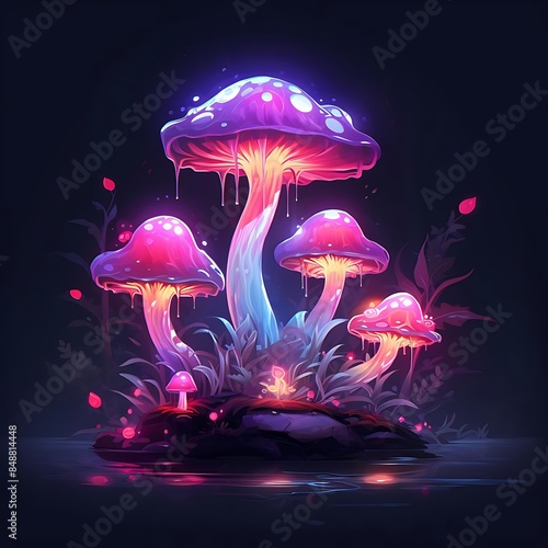a colorful array of mushrooms, including purple, pink, and white varieties, are arranged on a dark background alongside a vibrant red flower photo