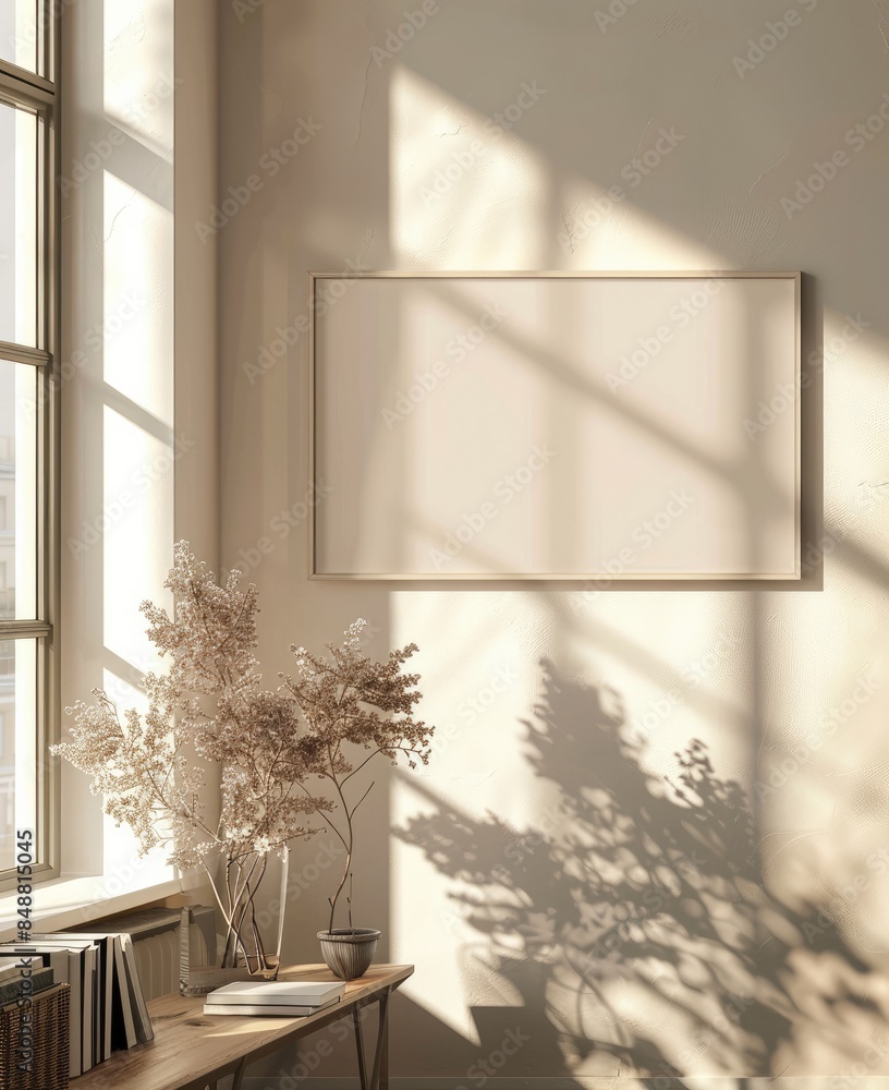 Mockup Frame on the Wall with Rectangular Cream Background Mockup Frame on the Wall with Rectangular Cream Background