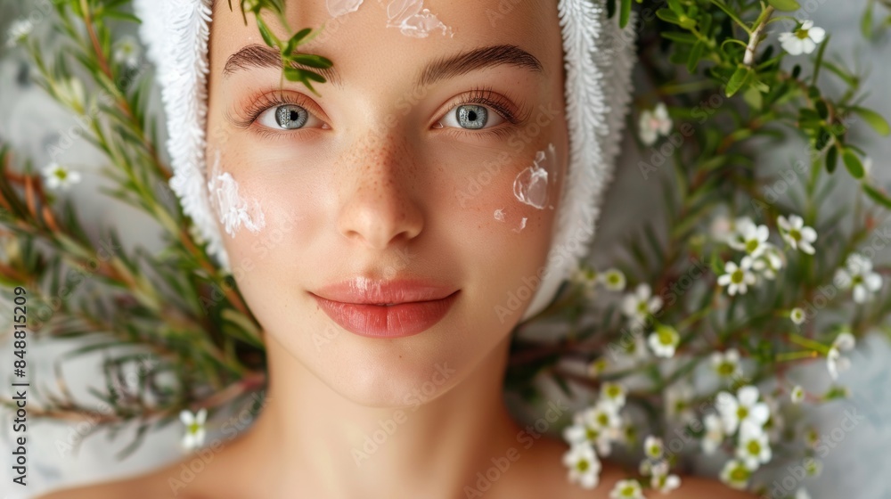 portrait of a woman,woman with a serene expression among herbal skincare products portrait of a woman,woman with a serene expression among herbal skincare products