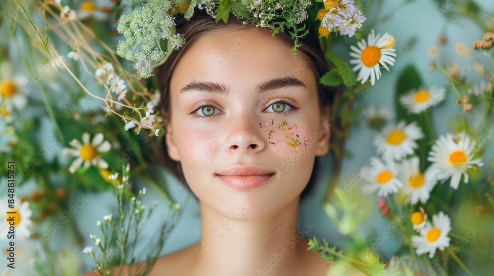 portrait of a woman,woman with a serene expression among herbal skincare products portrait of a woman,woman with a serene expression among herbal skincare products