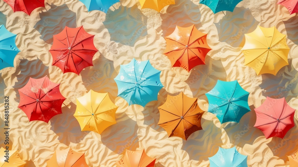 Obraz premium Seamless pattern featuring rows of colorful beach umbrellas against a sandy shore.