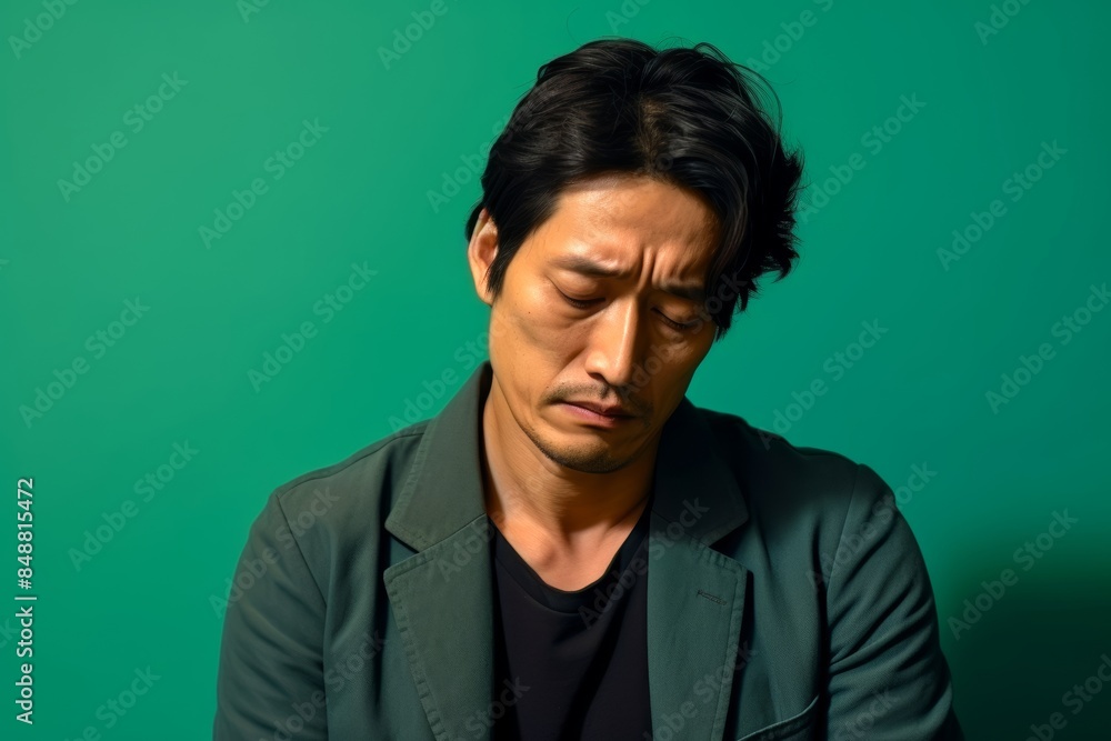 Obraz premium A sad man mourning a loss, on a pastel soft green background