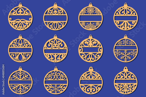 Big set of Christmas decorations - balls with a Santa Claus, deer, snowflake, candle, angel, snowman, gift, sock, Christmas tree, house. Template for laser cut. New Year theme. Vector illustration. photo