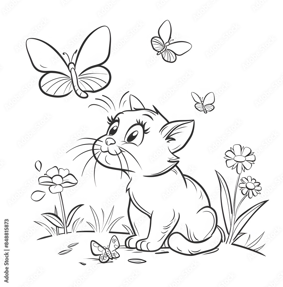 Cute cat playing with butterflies in the garden, coloring page for kids Cute cat playing with butterflies in the garden, coloring page for kids